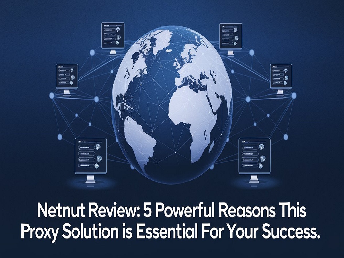 **Role**: Graphic Designer **Task**: Create a featured image for a blog post **Context**: The blog post is titled "NetNut Review: 5 Powerful Reasons This Proxy Solution Is Essential for Your Success." Generate a featured image that visually represents the concept of proxy solutions and success in online activities. Incorporate elements like a globe, computer screens, and proxy network icons. Use a modern and sleek design style with a colour palette of blue and green to evoke a sense of technology and trust. Overlay the title text prominently in a bold, readable font. Ensure the overall composition is engaging and draws attention to the subject matter.