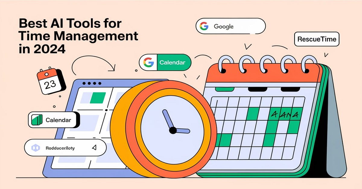 Here's the full prompt used for the featured image: "An engaging and modern illustration depicting various AI tools for time management, including icons for Google Calendar, Trello, RescueTime, and Asana. The background should feature a digital clock and a calendar, symbolising productivity and efficiency. The image should have a title overlay that says 'Best AI Tools for Time Management in 2024' in a bold, contemporary font. Use vibrant colours and a clean design that conveys a sense of organisation and technological advancement."