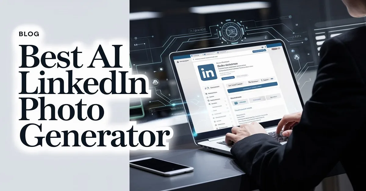 Business professional using a laptop with LinkedIn profile on screen, surrounded by AI elements and digital icons, with the blog title 'Best AI LinkedIn Photo Generator' overlayed