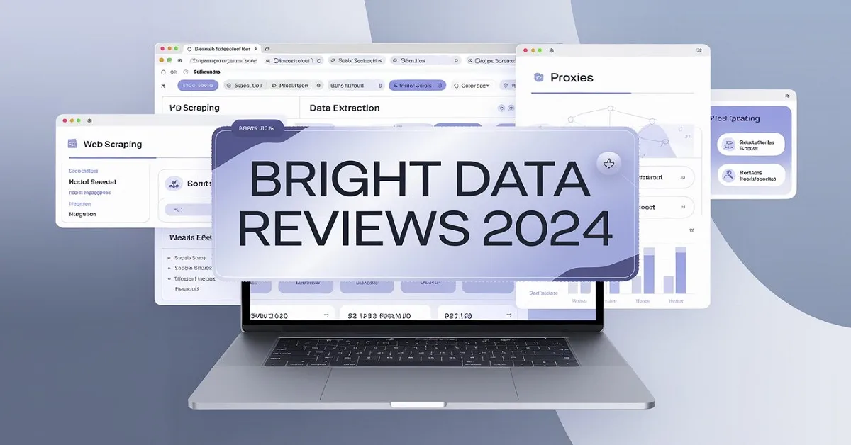 Featured image for 'Bright Data Reviews 2024: The Ultimate Web Scraping Tool for Your Business,' showcasing a modern digital theme with icons representing web scraping and data extraction, and a bold title overlay