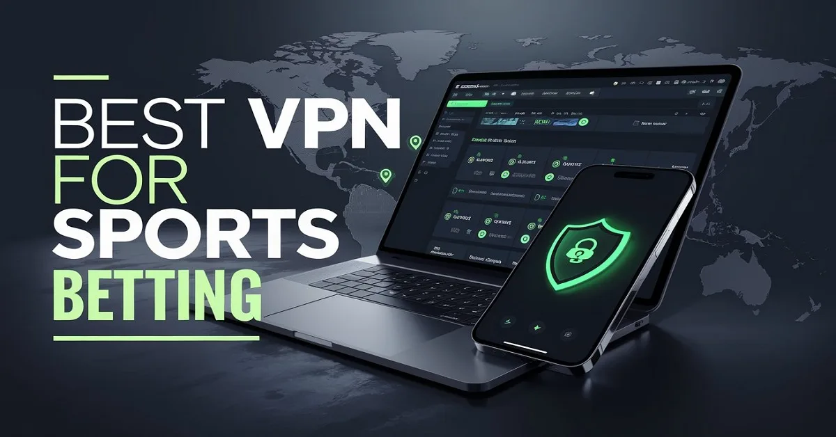 Featured image for blog post titled 'Best VPN for Sports Betting,' showing a smartphone with an active VPN app and a laptop displaying a sports betting site, set against a dark background with a world map overlay and location markers, symbolizing global access and online privacy.