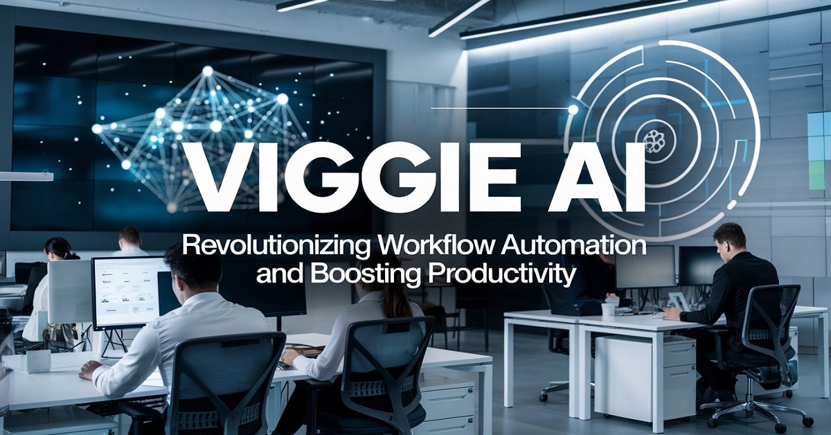 Create a professional, modern featured image for a blog post titled "Viggie AI: Revolutionizing Workflow Automation and Boosting Productivity." The image should showcase sleek, futuristic AI elements, like digital interfaces or AI-generated data flows, in an office setting. Incorporate imagery that suggests automation, such as a glowing network of connected tasks, alongside symbols for efficiency, like gears or a streamlined workspace. The title "Viggie AI: Revolutionizing Workflow Automation and Boosting Productivity" should be clearly overlaid in bold, clean typography with a tech-focused design. Keep the color palette cool and professional, using shades of blue, white, and gray to represent advanced technology.