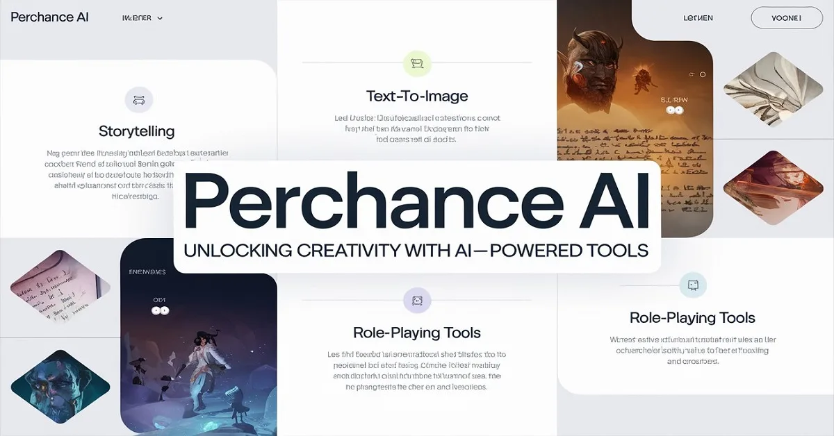 Modern digital interface of Perchance AI with icons for storytelling, text-to-image generation, and role-playing tools. Futuristic design in soft blue tones with a bold title overlay, 'Perchance AI: Unlocking Creativity with AI-Powered Tools,' surrounded by creative elements like writing and fantasy landscapes