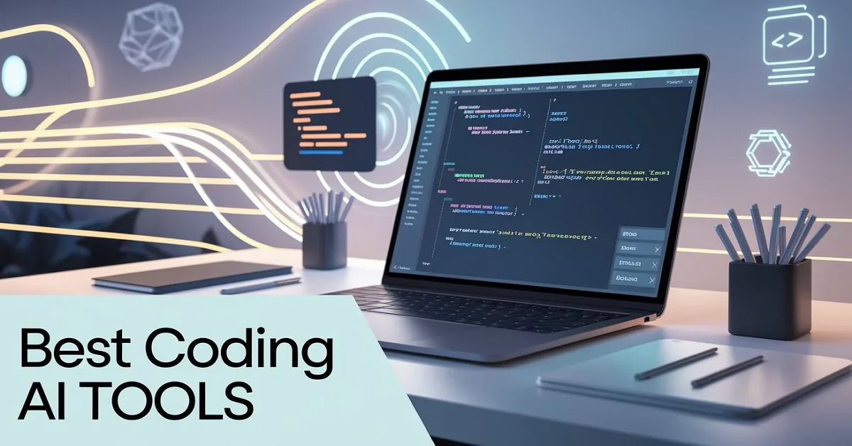 A sleek modern workspace featuring a laptop with a code editor, showcasing AI-generated code suggestions. The background includes glowing tech symbols, representing innovation. Best Coding AI Tools title overlay in bold