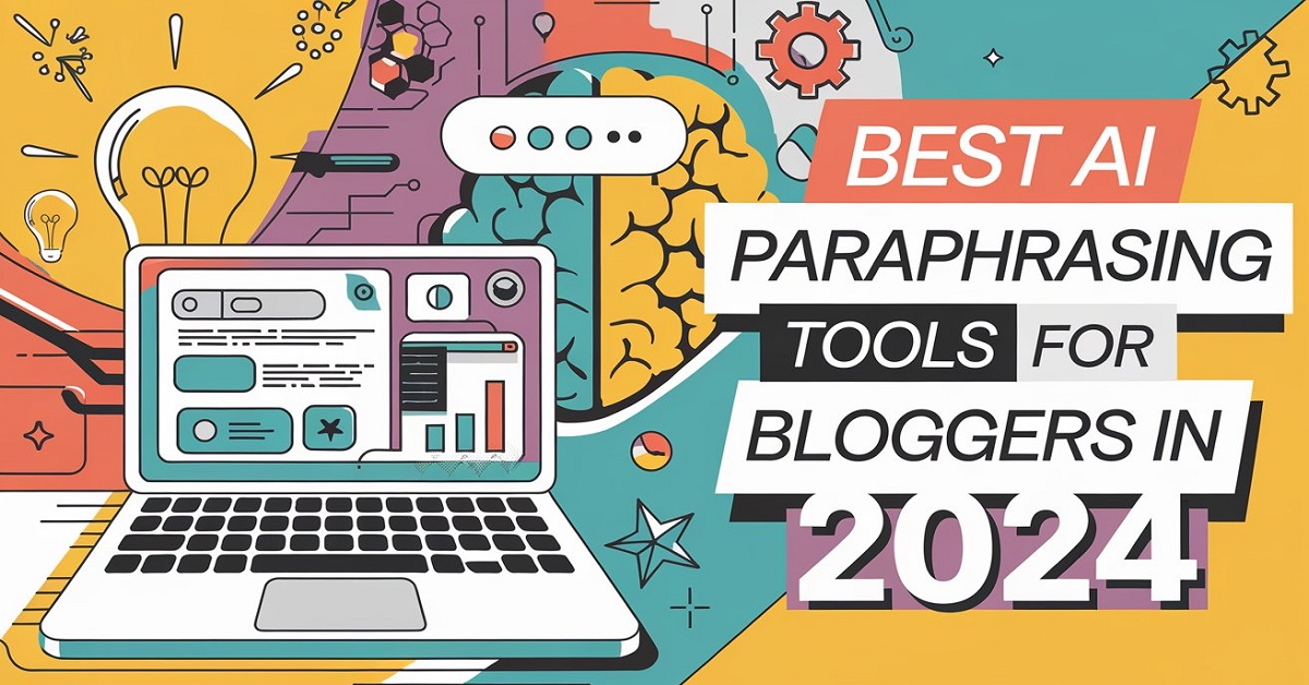 Create a visually appealing featured image for a blog article about AI paraphrasing tools for bloggers in 2024. The image should include an illustration of a laptop with a vibrant, colorful background that represents creativity and technology. Incorporate elements like a lightbulb or gears to symbolize innovation and brainstorming. Overlay the title "Best AI Paraphrasing Tools for Bloggers in 2024" in bold, modern typography, ensuring it stands out against the background.