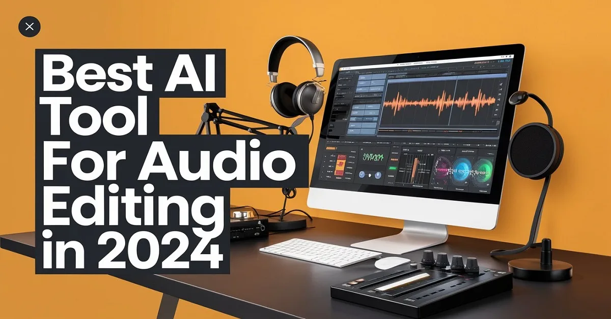 Modern audio editing interface showcasing the best AI tool for audio editing in 2024, featuring sound wave graphics and a microphone on a laptop screen