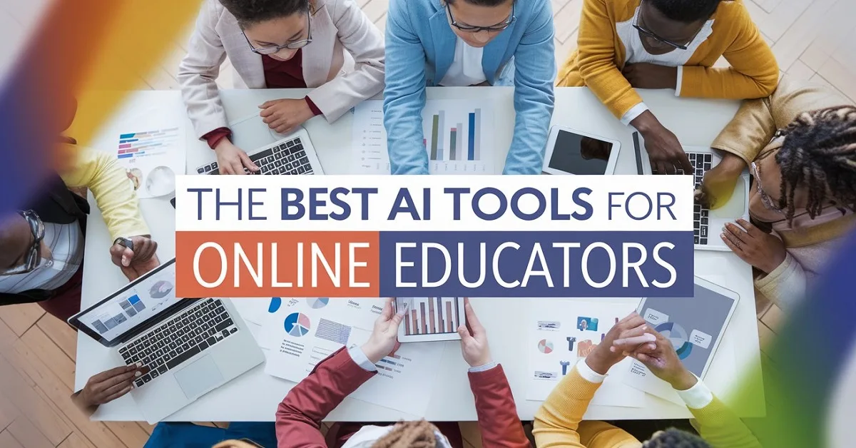 Diverse educators collaborating on laptops and tablets, surrounded by digital tools, illustrating the best AI tools for online educators in a vibrant learning environment