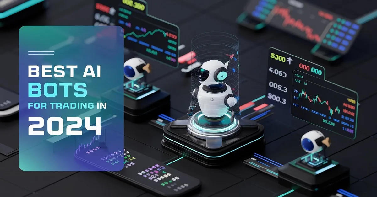 Featured image of AI trading bots analyzing market data in a futuristic digital trading environment, with the title 'Best AI Bots for Trading in 2024' overlay.