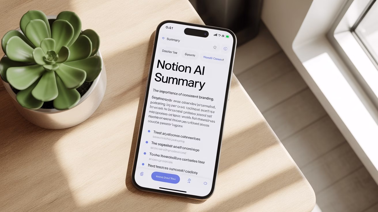 "Notion AI productivity app on Android assisting with text summarization