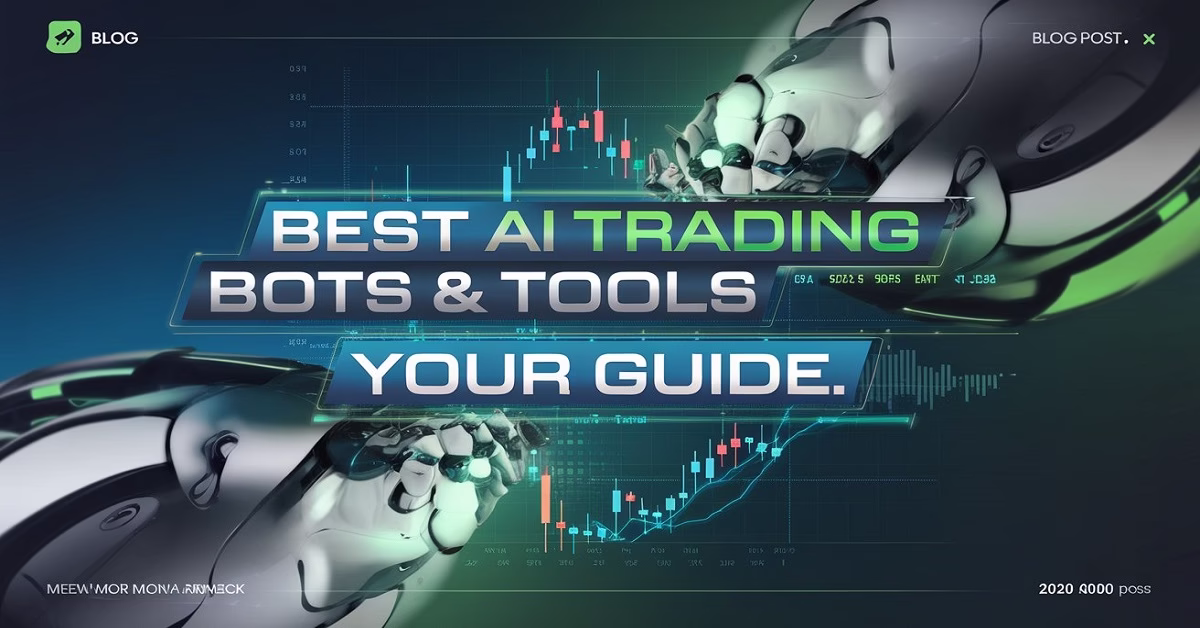 Futuristic featured image for a blog post titled 'Best AI Trading Bots & Tools for 2025: Your Guide,' showcasing stock charts, candlesticks, and AI visuals in a modern financial trading theme