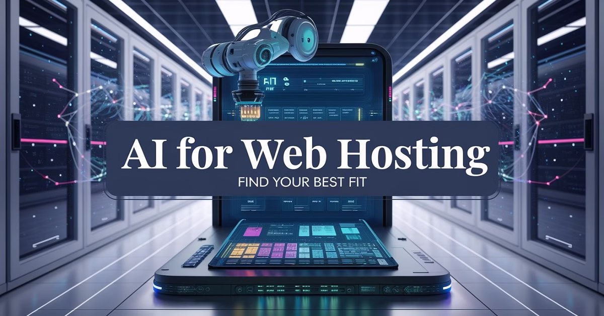A futuristic design showcasing a glowing data center with AI-inspired elements, a robotic arm arranging website interface components, and digital connections representing AI and web hosting. The title overlay reads 'AI for Web Hosting: Find Your Best Fit' in bold typography
