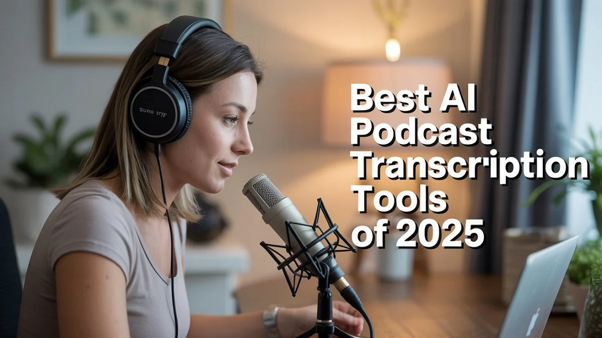A female podcaster at her desk using one of the best AI podcast transcription tools on her laptop, with a professional microphone in the foreground