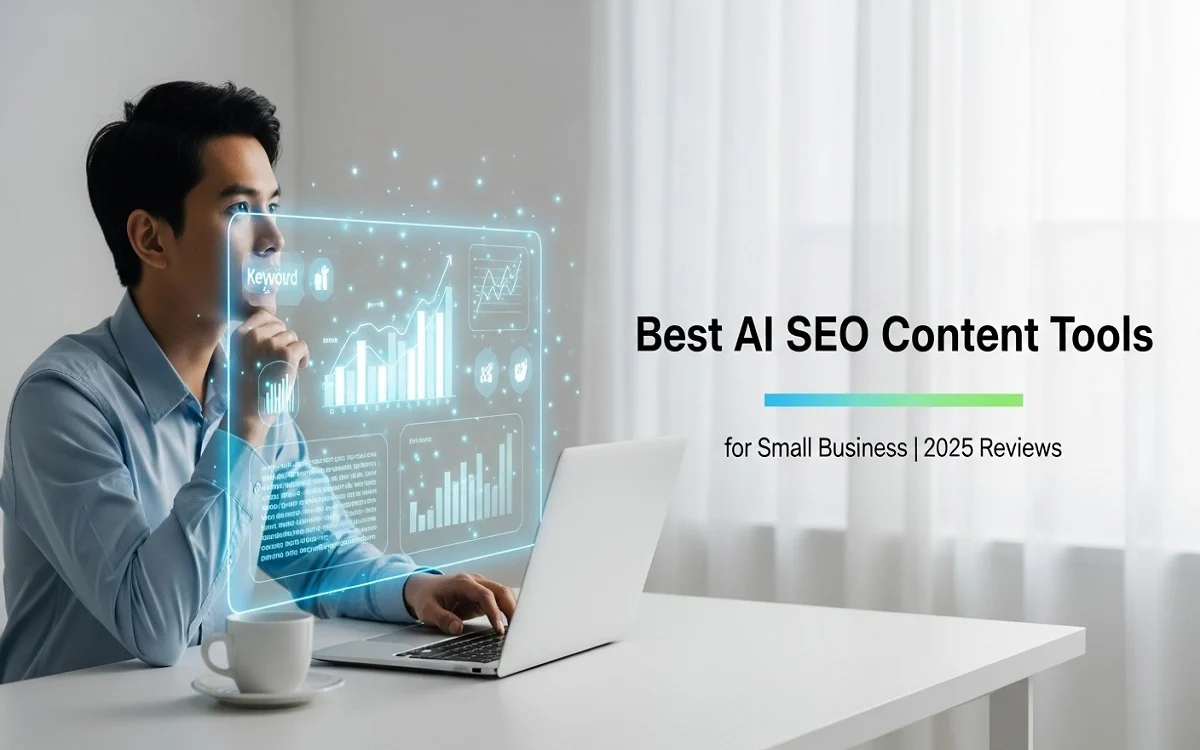 A small business owner using a best AI SEO content tool on a futuristic holographic interface to analyze data charts and optimize content for growth