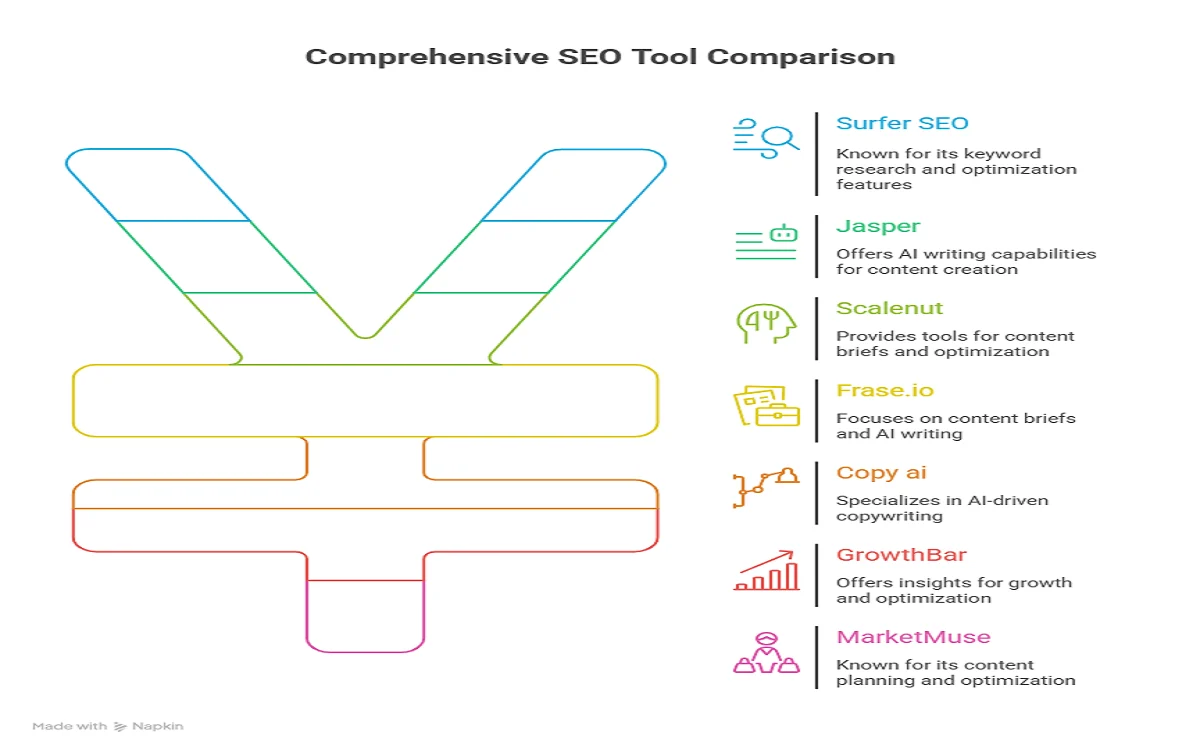A feature matrix infographic comparing the best AI SEO content tools of 2025 for small businesses