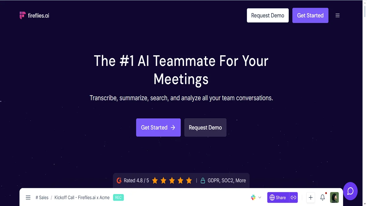 Featured image for a 2025 Fireflies.ai review, depicting a modern desk with a laptop displaying a holographic interface of an AI-generated meeting transcript and action items.