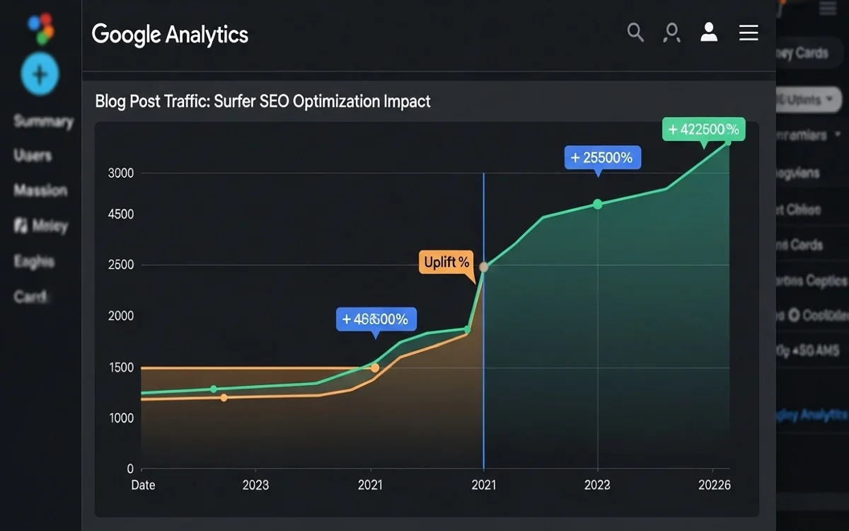 Google Analytics chart showing a 38% increase in organic traffic after using Surfer SEO to optimize a blog post.