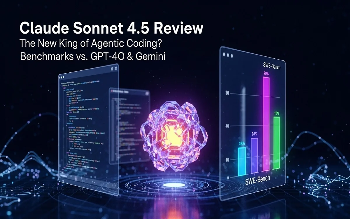 Claude Sonnet 4.5 review hero image showing its leading coding benchmark scores on a holographic chart.