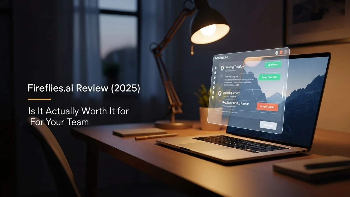 Featured image for a 2025 Fireflies.ai review, depicting a modern desk with a laptop displaying a holographic interface of an AI-generated meeting transcript and action items