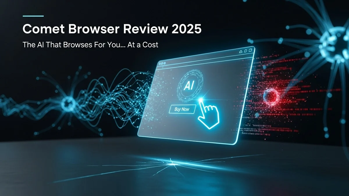 An AI cursor clicking a button on a futuristic browser that has a red security glitch, illustrating the Comet Browser review